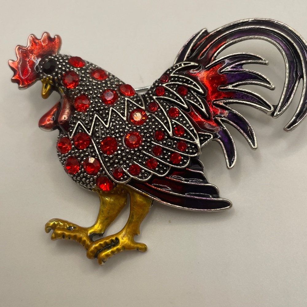 Embellished Rooster Brooch in Red, Black & Gold & Silver Rhinestones 3”